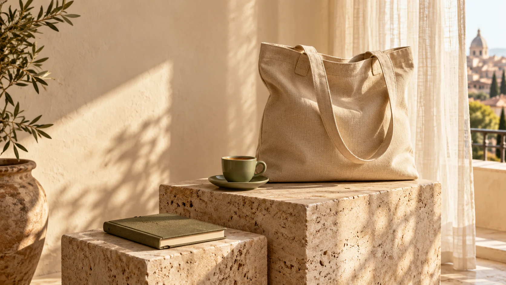 Borsa in tela, ceramiche e piccoli oggetti per la vita quotidiana